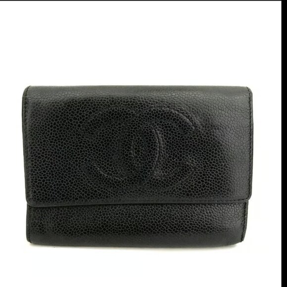 AUTHENTIC CHANEL BLACK CC LOGO GRAINED CALF SKIN TRIFOLD WALLET - Picture 1 of 8